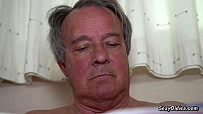 naughty young babe rides step grandpa's cock cowgirl style on the bed.