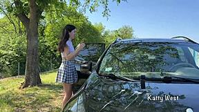 crazy sexy teen squirts pee on car roof in wild public orgasm