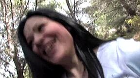 dude rams creampie into her tight asshole outdoors before getting home