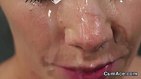 peculiar babe gulps massive facial cumshot semen eagerly
