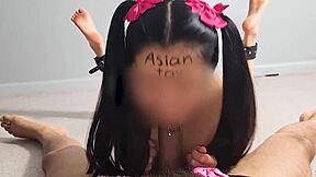 asian sub tied up gagging on master's cock during rough blowjob training!