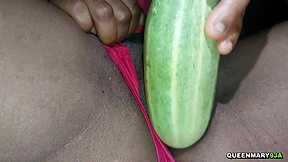 horny ebony college coed masturbates pussy with huge cucumber deep gyno style