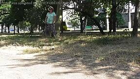 Hairy mature flashes plump pussy through see-through dress outdoors