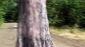 Hairy mature flashes plump pussy through see-through dress outdoors