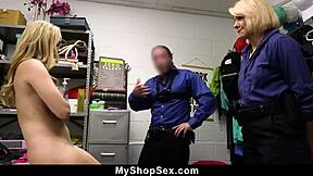 athena fleurs begs for female guard but gets railed by both guards in shop domination