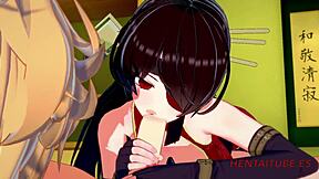 Genshin Impact cosplay Beidou'n ja Aetherin kanssa asuissa