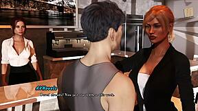 La birou, scene întrețesute arată cum Rachel e futută de Emily după sex cu pula monstră