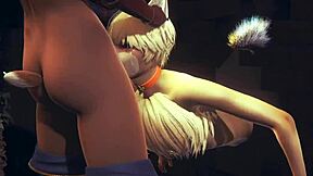 Furry Yaoi Hentai junger Fuchs lutscht zwei Futanari-Schwänze hart