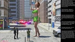 Grande maçã garota pequena faz gestos de punheta em cartoon 3D