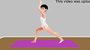 בחורה אנימה ליאו מנסה תרגילי יוגה מתוחים בסשן כיף