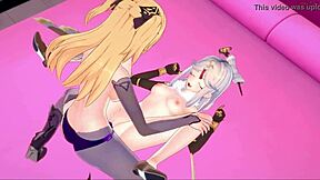 Fischl ja Ningguang Genshin Impact hentai-pelikohtauksessa