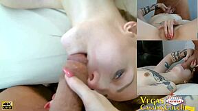 Vegas Starr llega al sofá de Vegas para masaje con aceite, jugueteo con consolador de vidrio, garganta profunda, montar, bondage POV y creampie